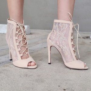 Women Ankle Open Toe High Heel Booties Lace Up Nude Color